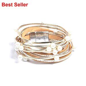 Leather Wrap Bracelet with Imitation Pearl Beads Handmade Magnetic Clasp